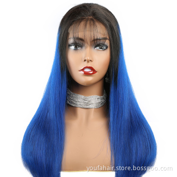 4*4 Indian Human Hair Lace Closure Straight Wig 14 to 26 Inches Pre Plucked Ombre 1b Blue Virgin Remy Hair HD Lace Frontal Wig